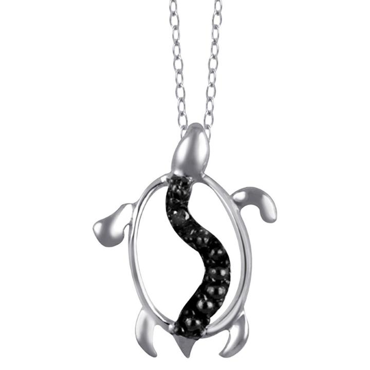Target Women's Sterling Silver Accent Round-cut Black Diamond Prong Set Turtle Pendant - White