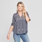 Women's Long Sleeve V-neck Ebroidered Tassel Baby Doll Blouse - Knox Rose Gray