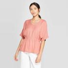 Women's Short Sleeve V-neck Side Ruched Blouse - Prologue Rose (pink)