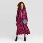 Women's Floral Print High Neck Long Sleeve Tiered Dress - A New Day Dark Purple
