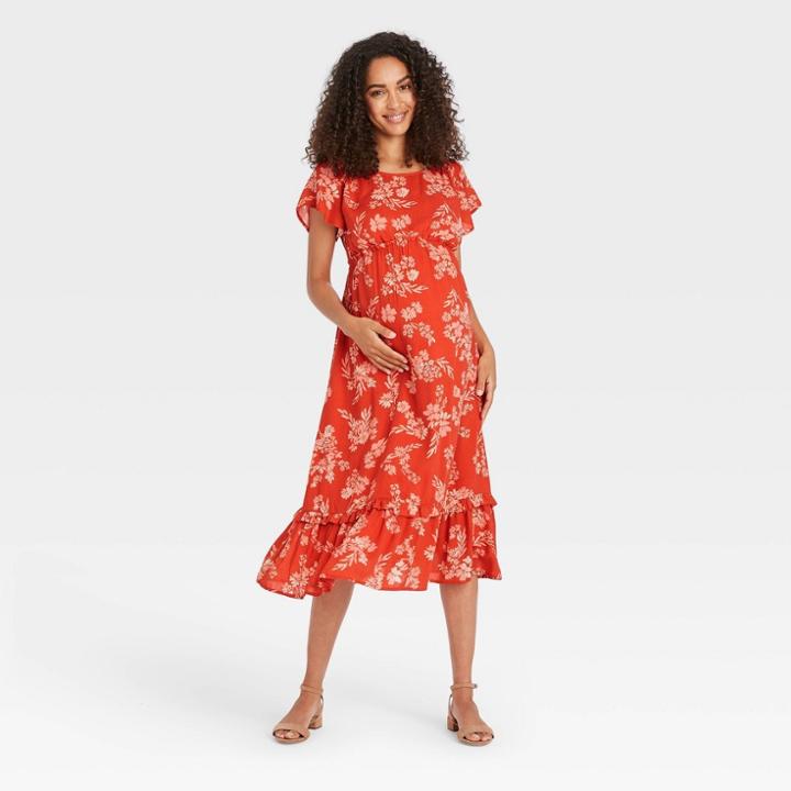 Flutter Short Sleeve Woven Maternity Dress - Isabel Maternity By Ingrid & Isabel Coral Orange Floral Print
