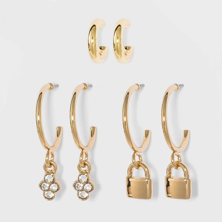 Lock Charm Hoop Earring Set 3pc - A New Day Gold