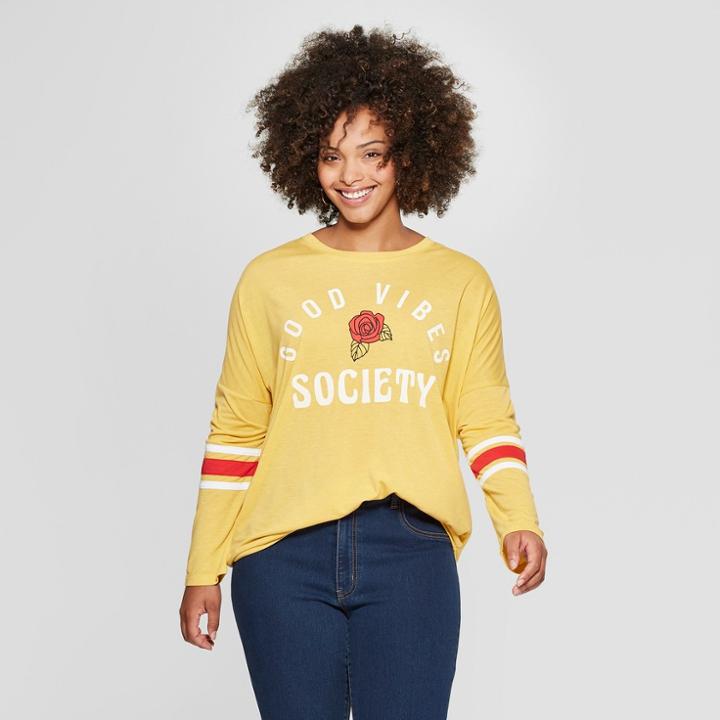 Women's Plus Size Long Sleeve Good Vibes Society Graphic T-shirt - Mighty Fine (juniors') Mustard