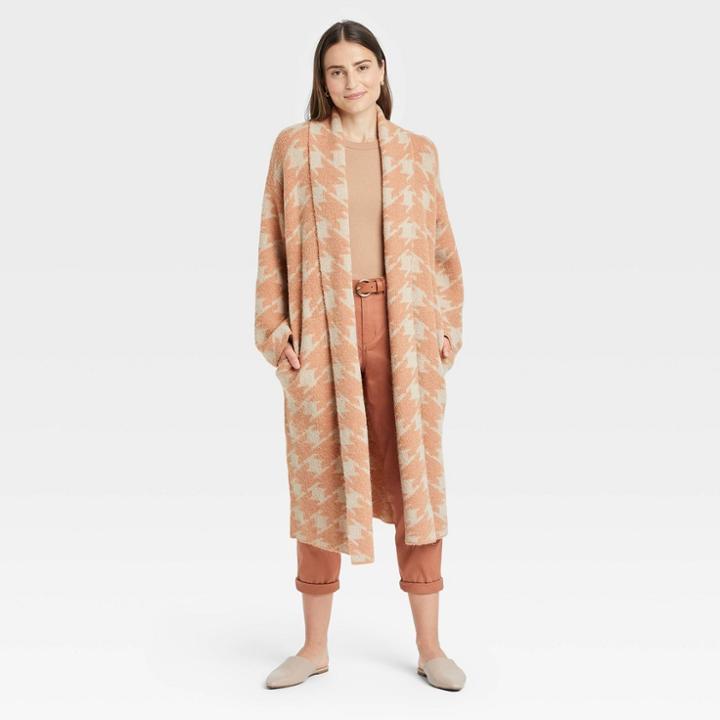Women's Houndstooth Open-front Sweater Cardigan - A New Day Cream
