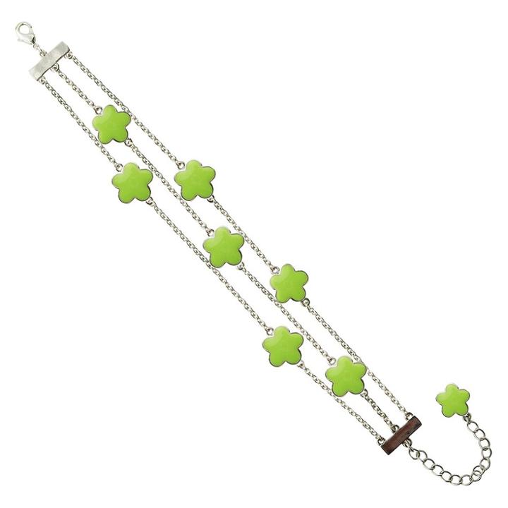 Zirconite Rhodium Plated Multi-strand Bracelet With Enameled Daisies Lime Green