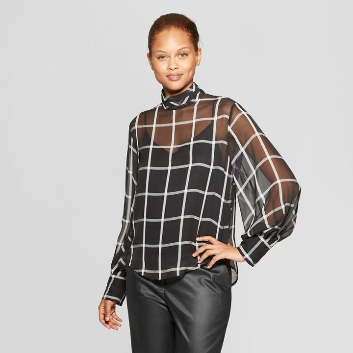 Women's Plaid Long Blouson Sleeve Mock Neck Blouse - Prologue Black