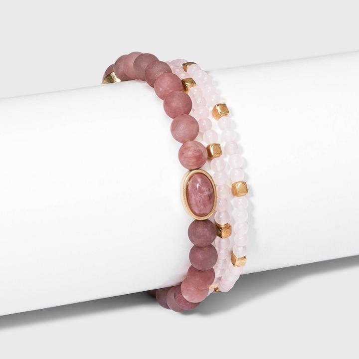 Semi-precious Rose Quartz And Rhodonite With Recycled Metal Stretch Bracelet Set 2pc - Universal Thread Pink