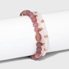 Semi-precious Rose Quartz And Rhodonite With Recycled Metal Stretch Bracelet Set 2pc - Universal Thread Pink