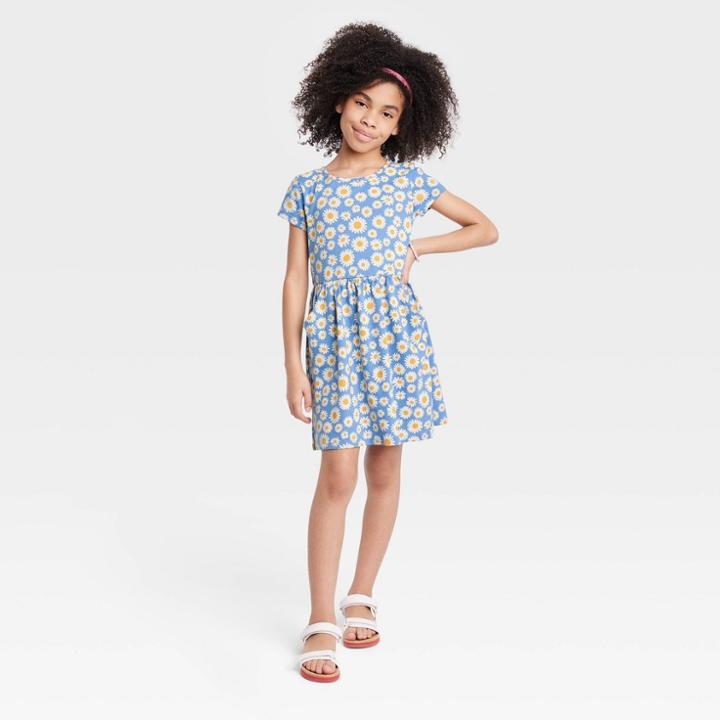 Girls' Printed Short Sleeve Knit Dress - Cat & Jack Blue