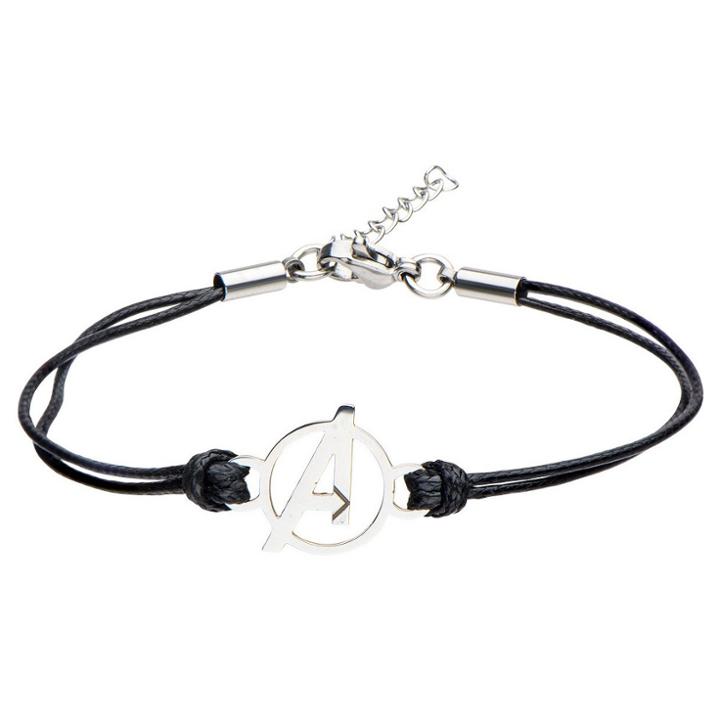 Women's Marvel Avengers A Logo Stainless Steel In Black Leather Cord Bracelet (7), Black/silver