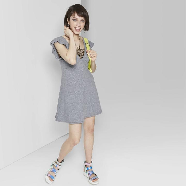 Women's Flutter Short Sleeve V-neck Solid Skater Dress - Wild Fable Heather Gray
