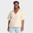 Women's Plus Size Short Sleeve Collared French Terry Polo T-shirt - Universal Thread Cream
