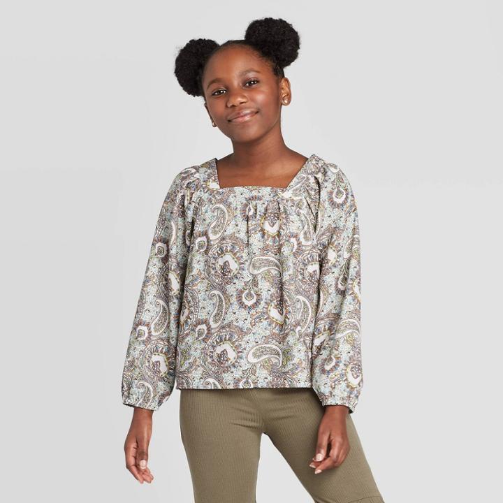 Girls' Long Sleeve Square Neck Blouse - Art Class S, Girl's, Size: