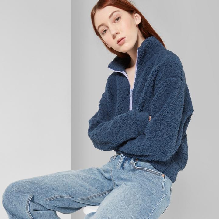Women's Long Sleeve Quarter Zip Sherpa Pullover Shirt Jacket - Wild Fable Blue