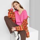 Women's Long Sleeve V-neck Waffle Boxy T-shirt - Wild Fable Pink