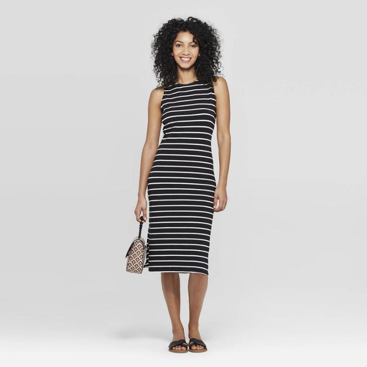Women's Striped Sleeveless Crewneck Knit Midi Dress - A New Day Black/white