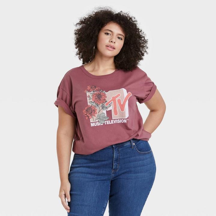 Women's Mtv Plus Size Floral Print Short Sleeve Graphic T-shirt - Burgundy