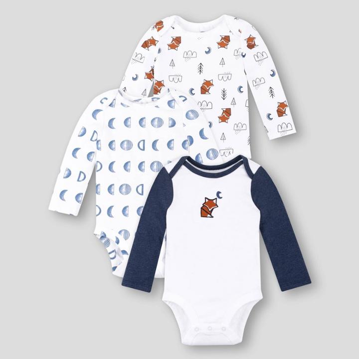 Lamaze Baby Boys' 3pk Organic Cotton Fox Long Sleeve Bodysuit - White/blue