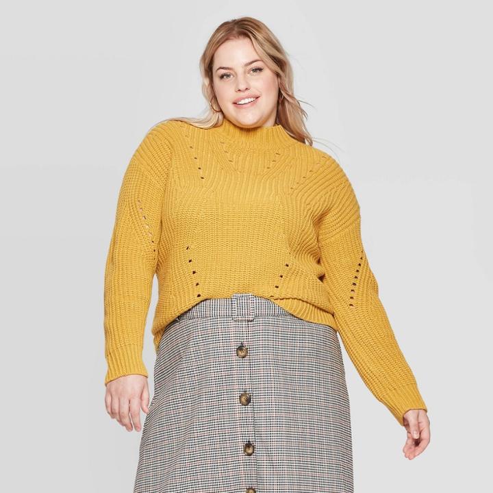 Women's Plus Size Long Sleeve Pointelle Turtleneck Sweater - Ava & Viv Gold X
