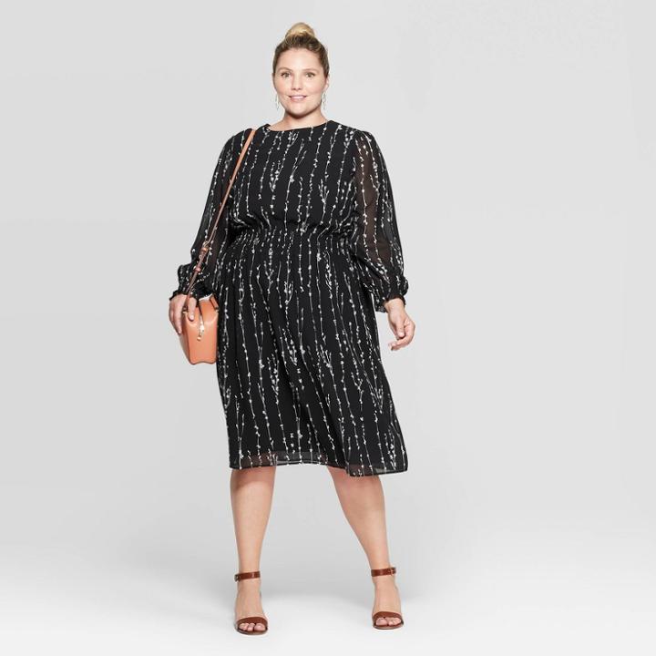 Women's Plus Size Floral Print Long Sleeve Crewneck Smocked Waist Midi Dress - Ava & Viv Black X, Women's