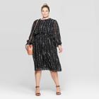 Women's Plus Size Floral Print Long Sleeve Crewneck Smocked Waist Midi Dress - Ava & Viv Black X, Women's