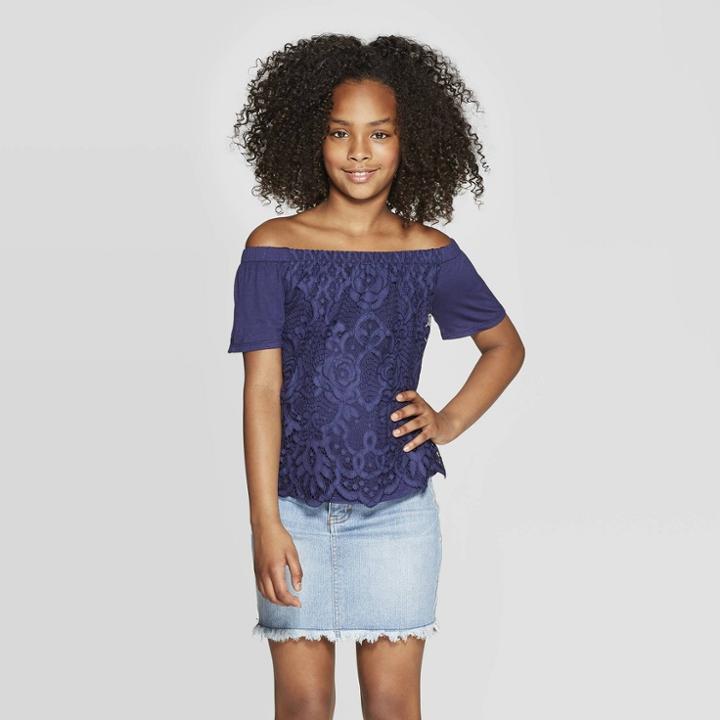 Girls' Off The Shoulder Lace Top - Art Class Navy (blue)