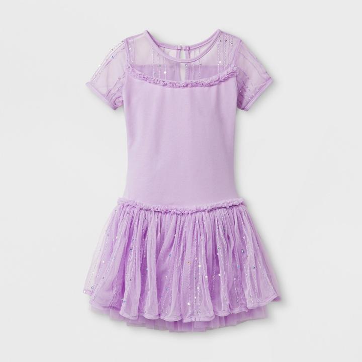 Danshuz Toddler Girls' Double Layer Skirt With Sequin Mesh Yoke Short Sleeve Activewear Dress - Lavender 8-10, Size: M(8-10), Purple