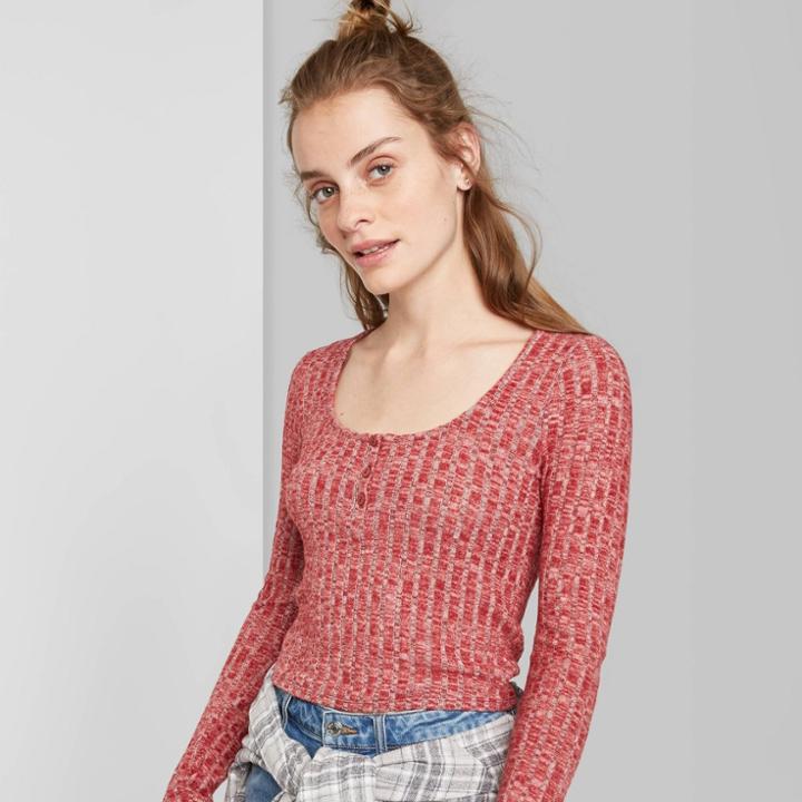 Women's Long Sleeve Crewneck Cozy Henley Cropped Top - Wild Fable Burgundy Xs, Women's, Red