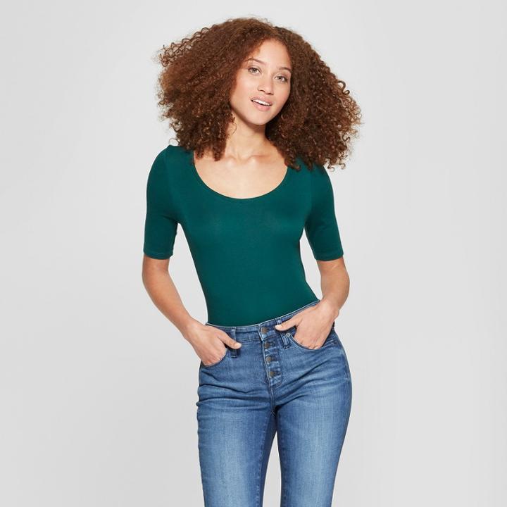 Women's Elbow Length Fitted T - Shirt - A New Day Dark Green