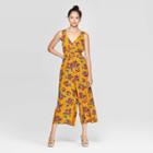 Women's Floral Print Sleeveless V-neck Smocked Waist Button Front Cropped Jumpsuit - Xhilaration Yellow L, Women's,