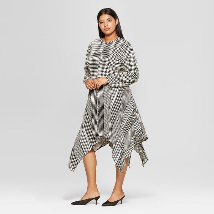 Women's Plus Size Plaid Long Sleeve Asymmetric Hem Midi Shirt Dress - Who What Wear Black/white