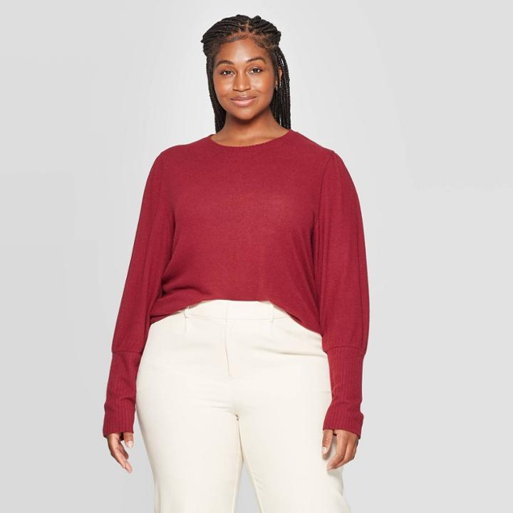Women's Plus Size Long Sleeve Crewneck T-shirt - A New Day Burgundy 3x,