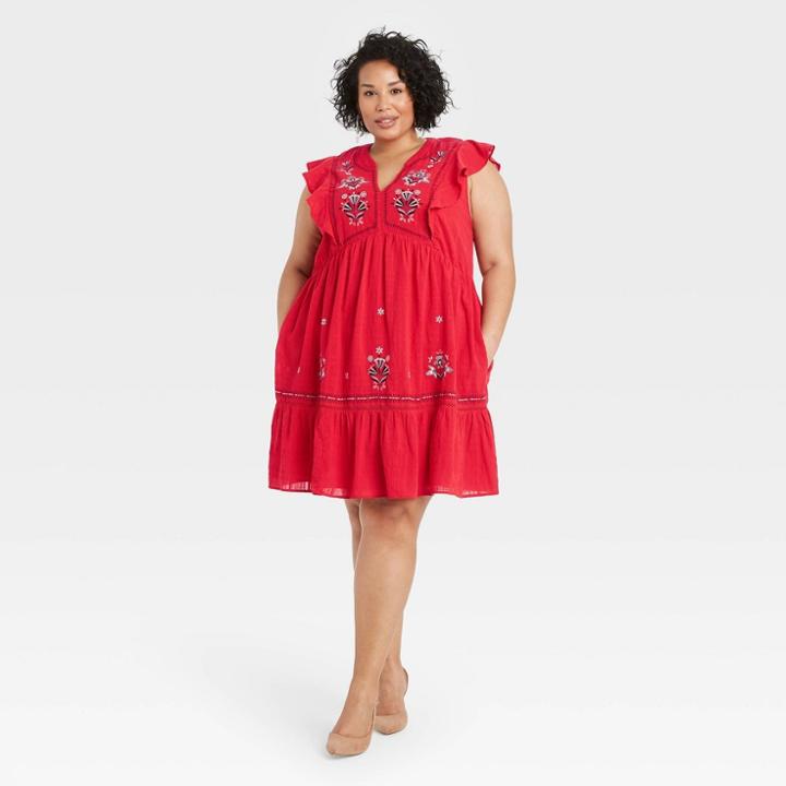 Women's Plus Size Flutter Short Sleeve Embroidered Dress - Knox Rose Red