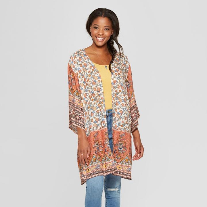Women's Floral Print Long Sleeve Kimono - Xhilaration White