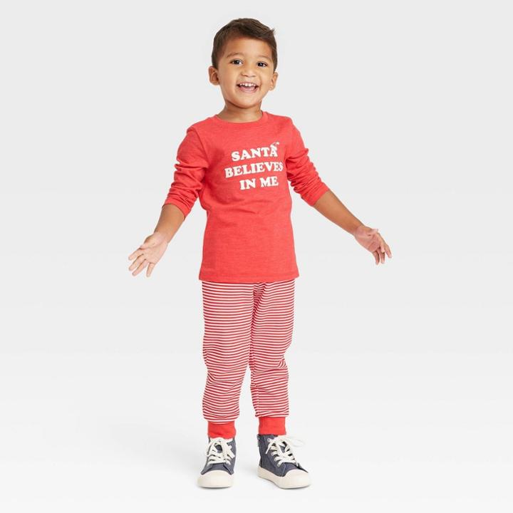 Toddler Boys' Santa Believes In Me Long Sleeve T-shirt And Fleece Jogger Pants Set - Cat & Jack Red