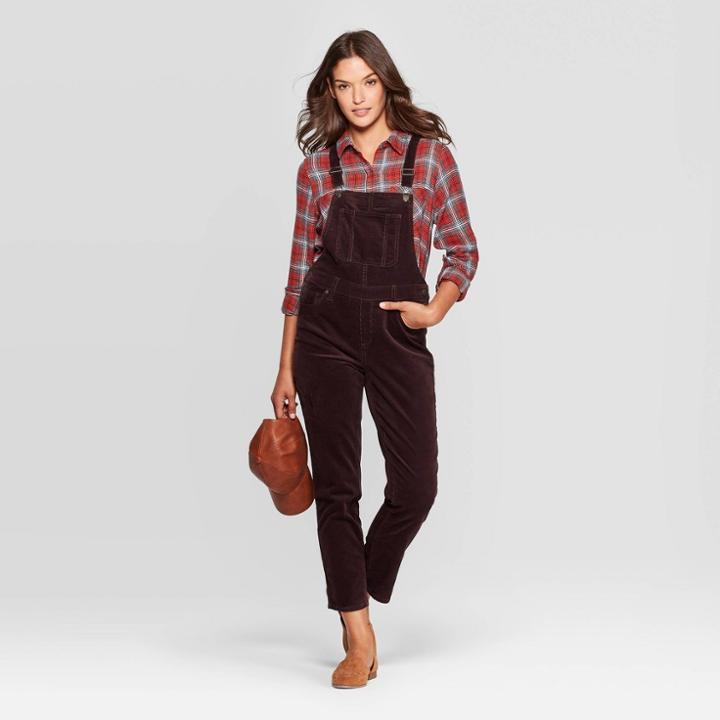 Women's Corduroy Mid-rise Wide Leg Cropped Overalls - Universal Thread Brown