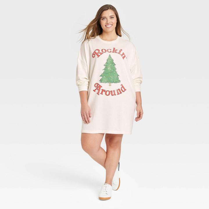 Grayson Threads Women's Plus Size Holiday Rockin' Around Long Sleeve Graphic Sweatshirt Dress - Off-white