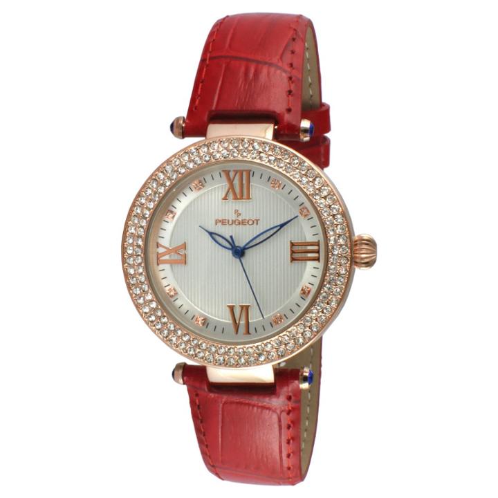 Peugeot Watches Women's Peugeot Crystal Accented T-bar Leather Strap Watch - Rose/red