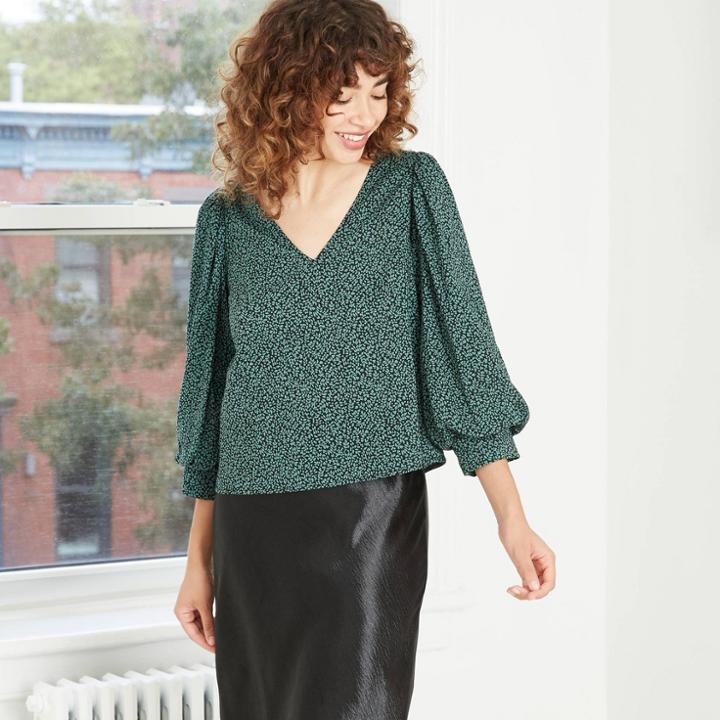 Women's Printed Bishop Long Sleeve Top - A New Day Green