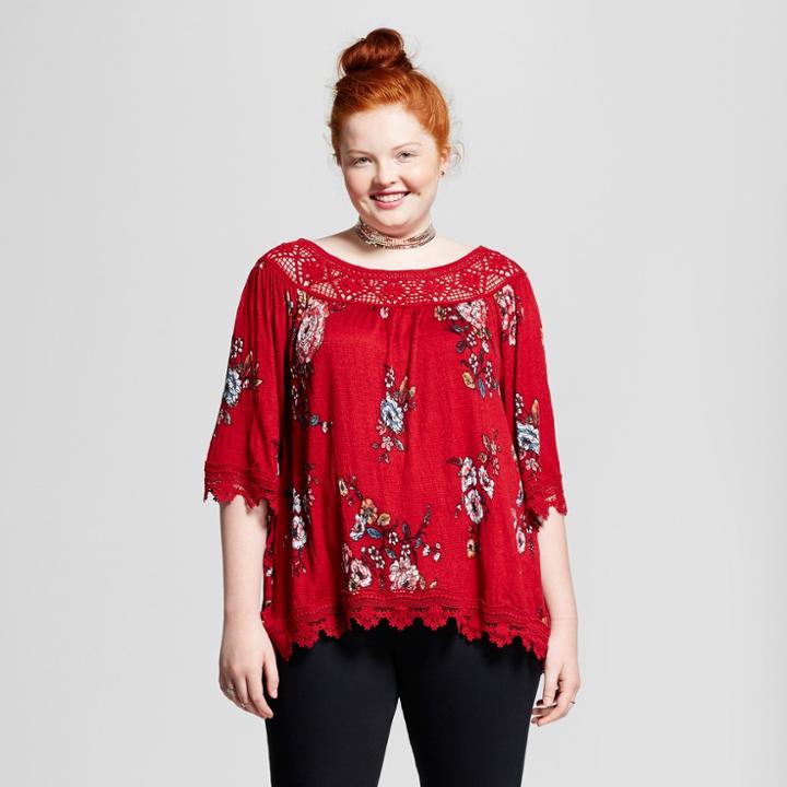 Women's Plus Size Crochet Off The Shoulder Printed Top - Xhilaration Red