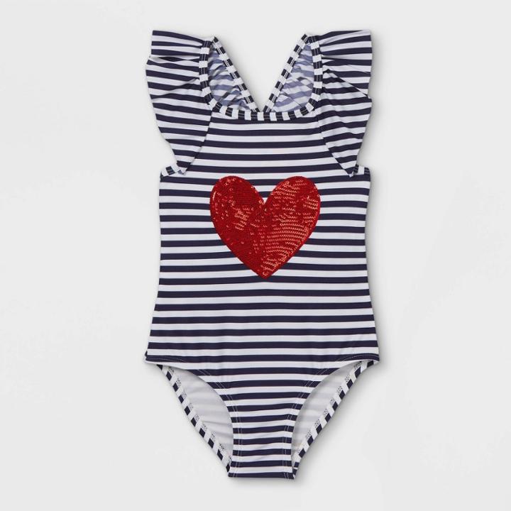 Toddler Girls' Striped Heart Print One Piece Swimsuit - Cat & Jack Navy