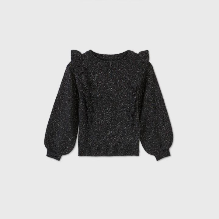 Toddler Girls' Ruffle Sparkle Pullover Sweater - Art Class Black