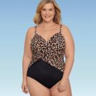 Women's Plus Size Slimming Control Cross Front One Piece Swimsuit - Dreamsuit By Miracle Brands Neutral Animal Print
