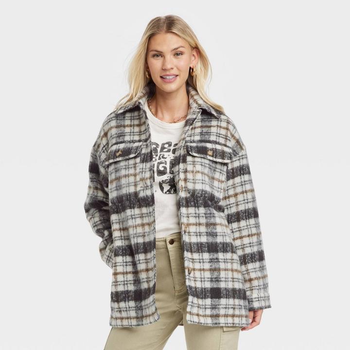 Women's Brushed Shirt Jacket - Universal Thread Brown Plaid