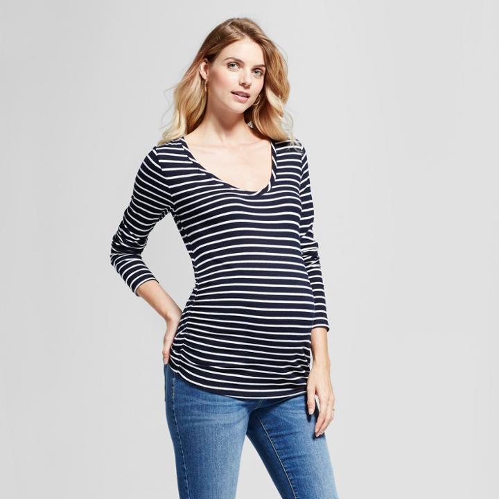 Maternity Striped Long Sleeve Shirred T-shirt - Isabel Maternity By Ingrid & Isabel Blue
