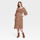 3/4 Sleeve Smocked Flannel Maternity Dress - Isabel Maternity By Ingrid & Isabel Brown Plaid