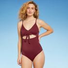 Women's Ribbed Plunge Cut Out Sash-tie One Piece Swimsuit - Shade & Shore Burgundy