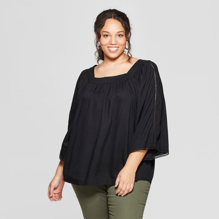 Women's Plus Size Short Sleeve Square Neck Top - Ava & Viv Black