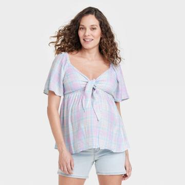 Woven Peek-a-boo Tie-front Maternity Top - Isabel Maternity By Ingrid & Isabel Plaid