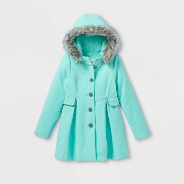 Girls' Faux Fur Hooded Trim Wool Jacket - Cat & Jack Teal